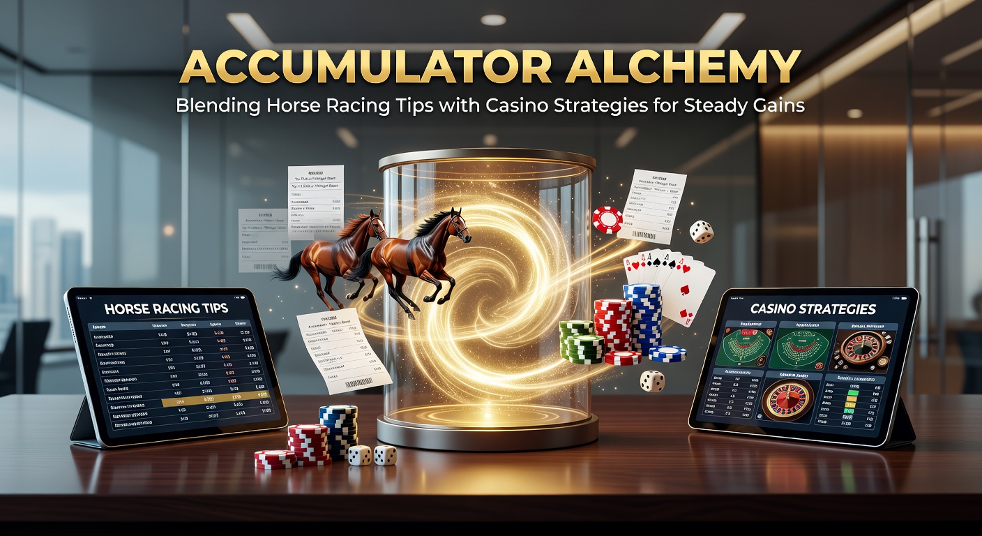 Horse racing track with overlaid casino chips and accumulator bet slips, symbolizing the blend of strategies for consistent betting returns