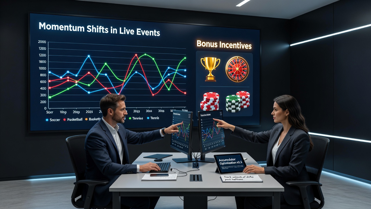 Data dashboards displaying accumulator optimization across multiple sports with momentum metrics