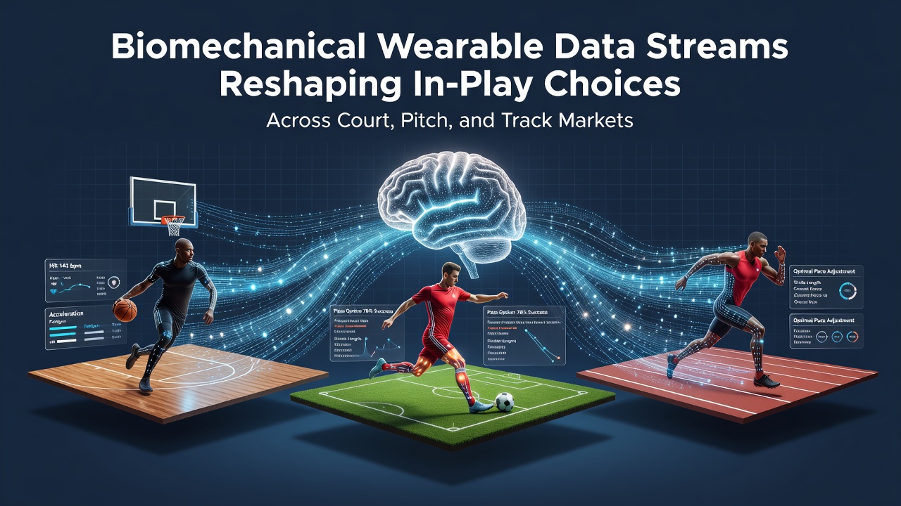 Athletes equipped with biomechanical sensors during competition, showing real-time data overlays for movement analysis