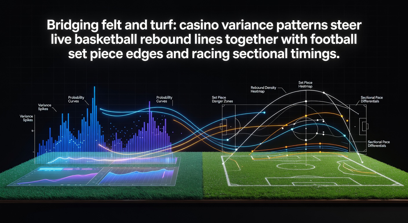Illustration showing casino table felt merging with sports turf through data lines connecting basketball rebounds, football set pieces, and horse racing timings
