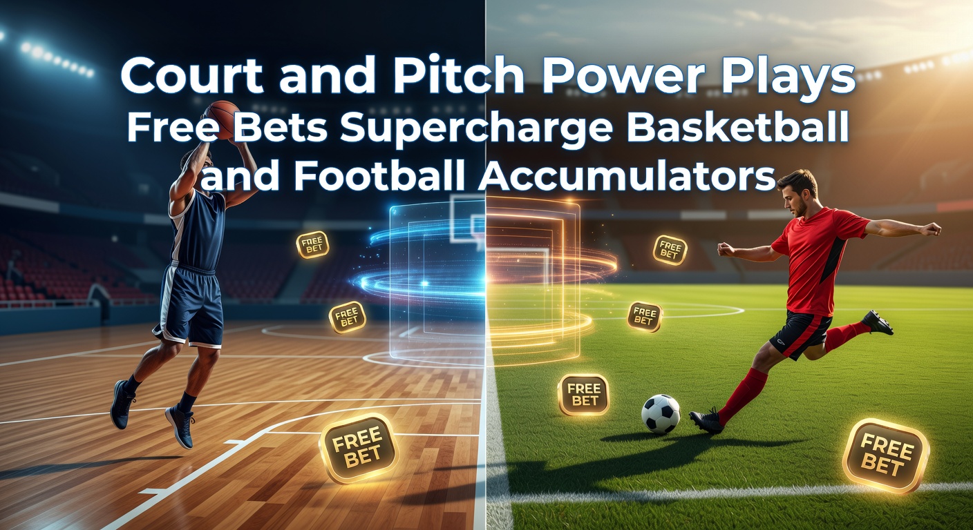 Close-up of a bookmaker app screen showing a loaded basketball and football accumulator with free bet icons activated, odds multiplying dramatically