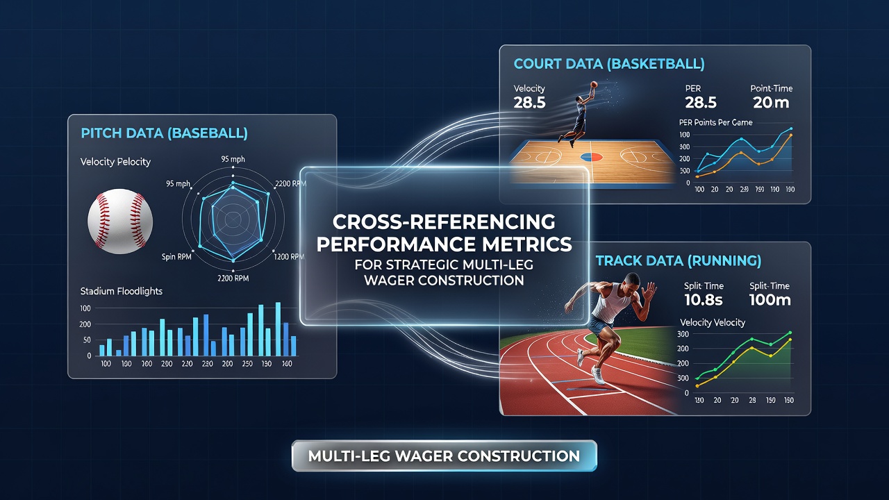 Visual representation of sports analytics dashboards showing football pitch metrics, basketball court stats, and horse racing track data overlaid for multi-leg betting analysis