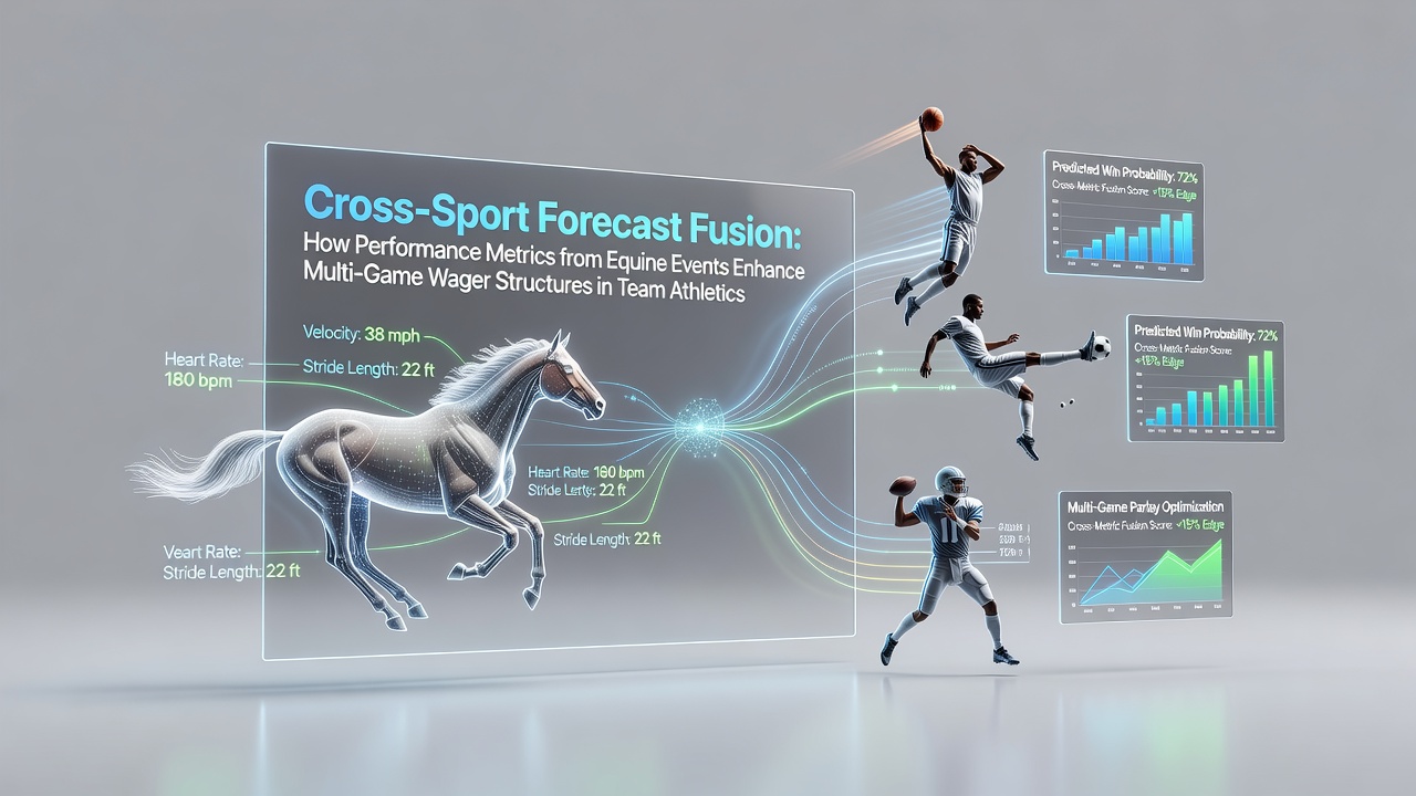 Illustration of equine performance metrics being fused with team athletics data for multi-game wager structures