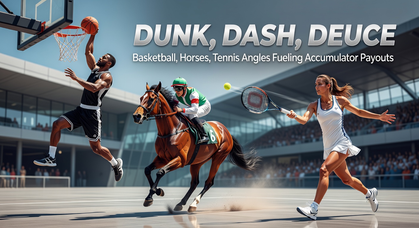Dynamic action shot capturing a basketball player dunking, a horse racing at full gallop, and a tense tennis deuce point