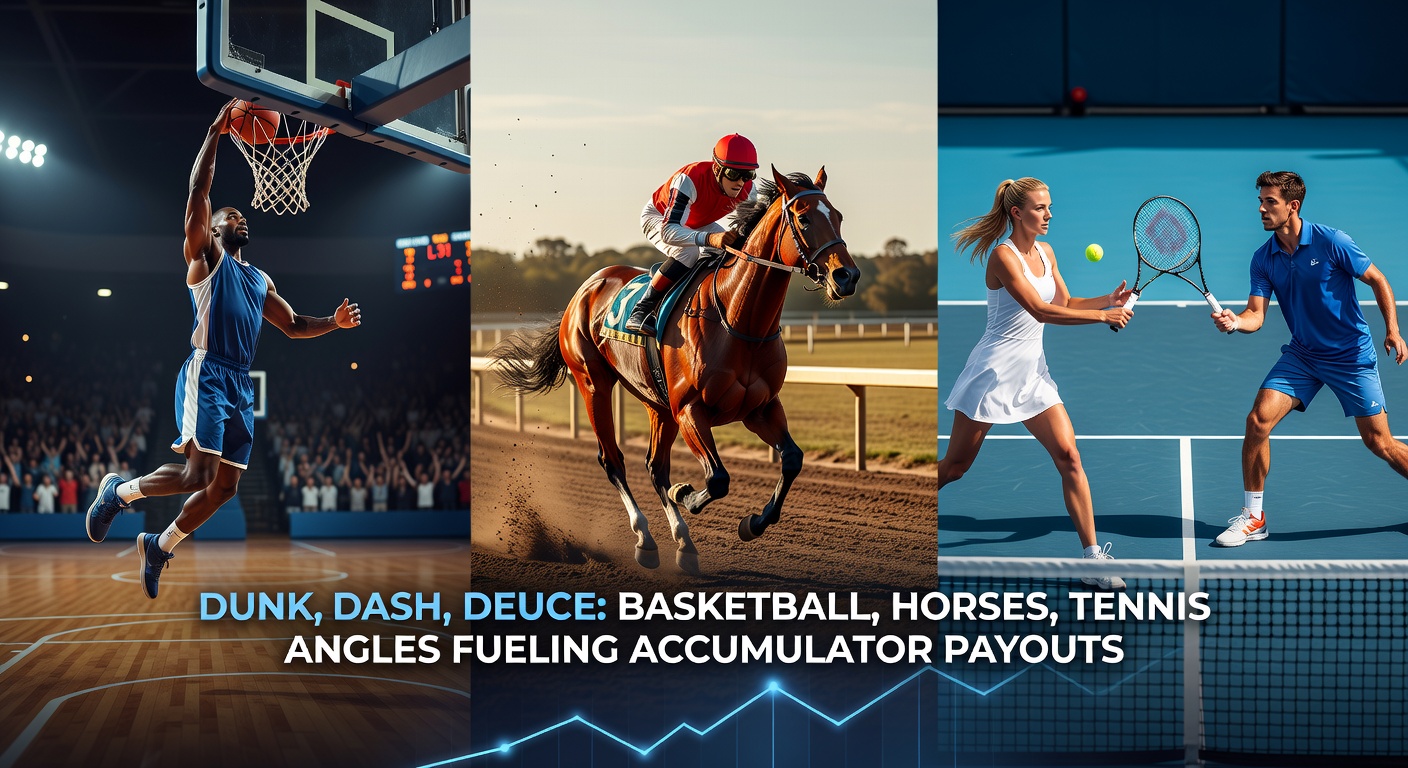 Collage of horse racing finish, tennis serve, and basketball fast break highlighting accumulator synergy