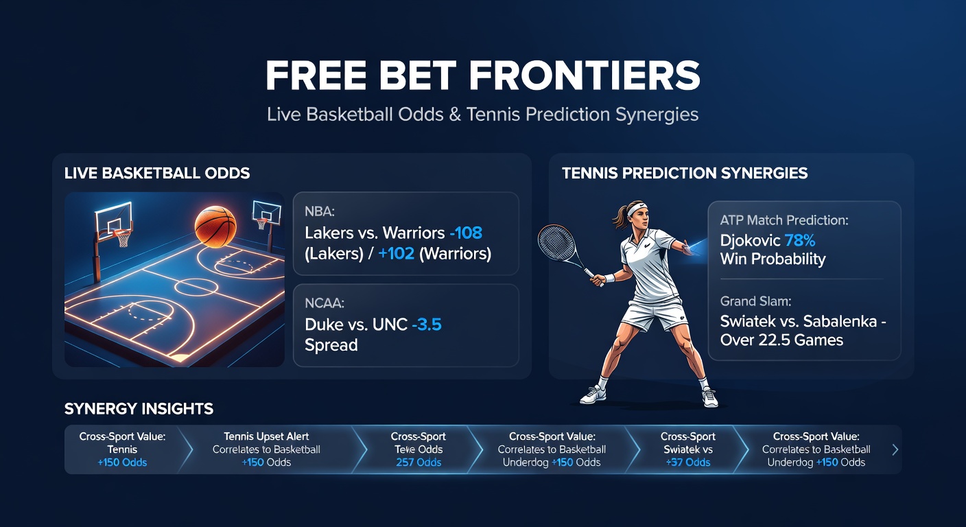 Tennis player mid-serve with basketball scoreboard overlay showing live odds and free bet icons