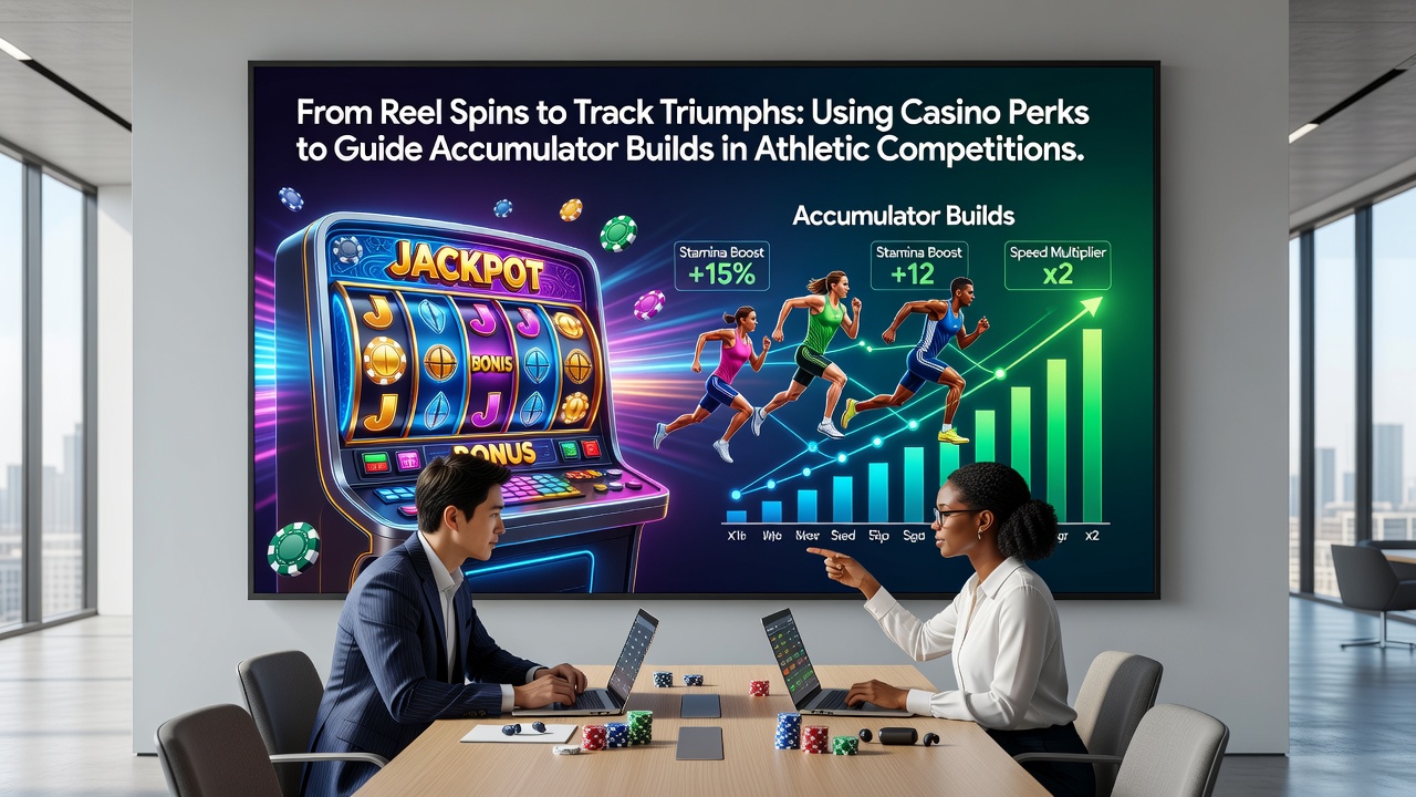 Casino slot reels transitioning into athletic track imagery with betting interface elements