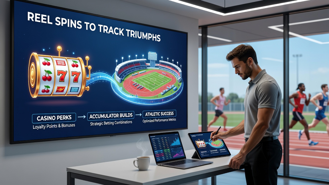 Sports accumulator betting slip overlaying casino loyalty points interface with athletic competition visuals