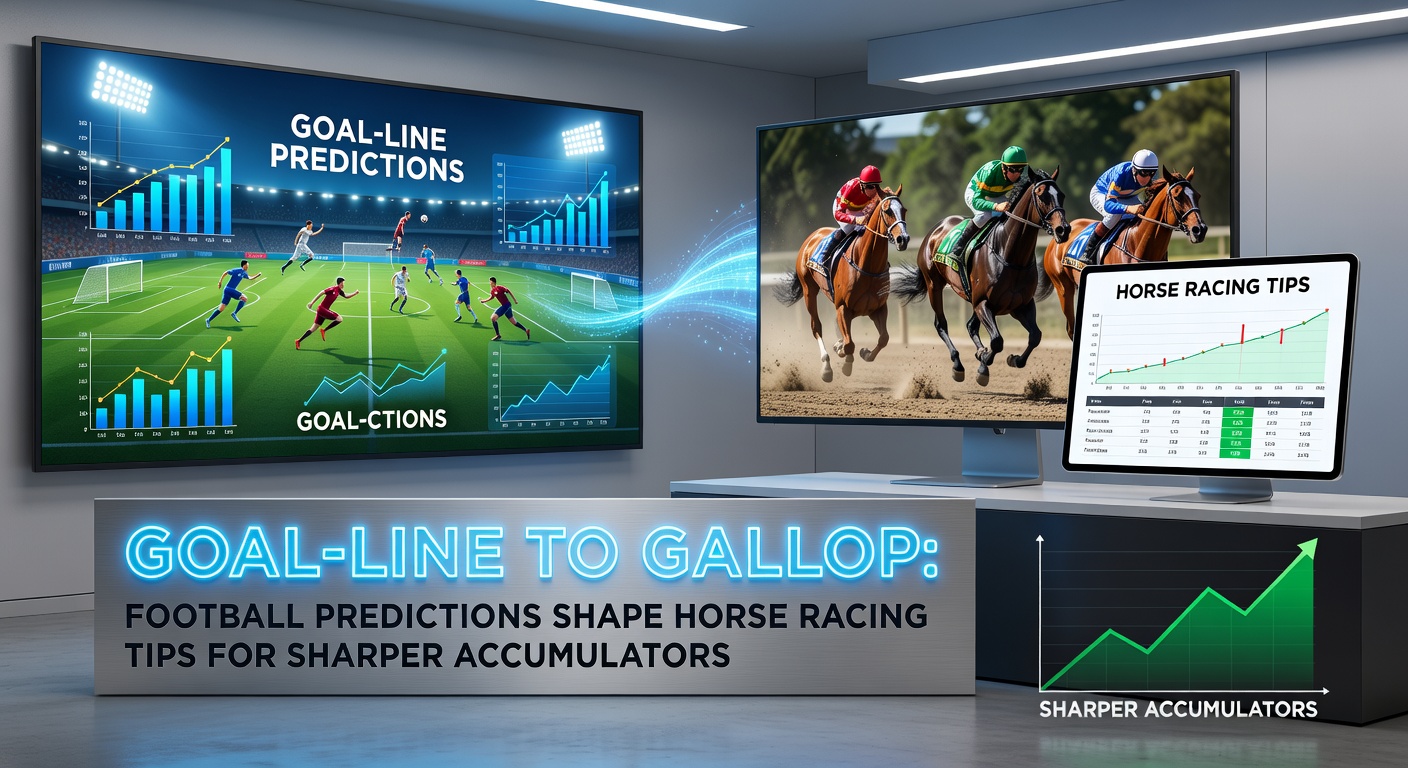 Dynamic overlay of a football goal-line stand-off transitioning into a horse galloping on the racetrack, symbolizing predictive synergies between soccer and racing