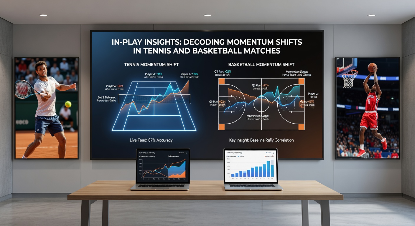 Basketball players in fast-break action, mid-court with the ball handler driving past defenders amid a clear momentum surge