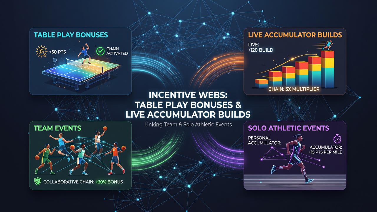 Diagram showing how table play bonuses feed into live accumulator builds across team and solo sports events