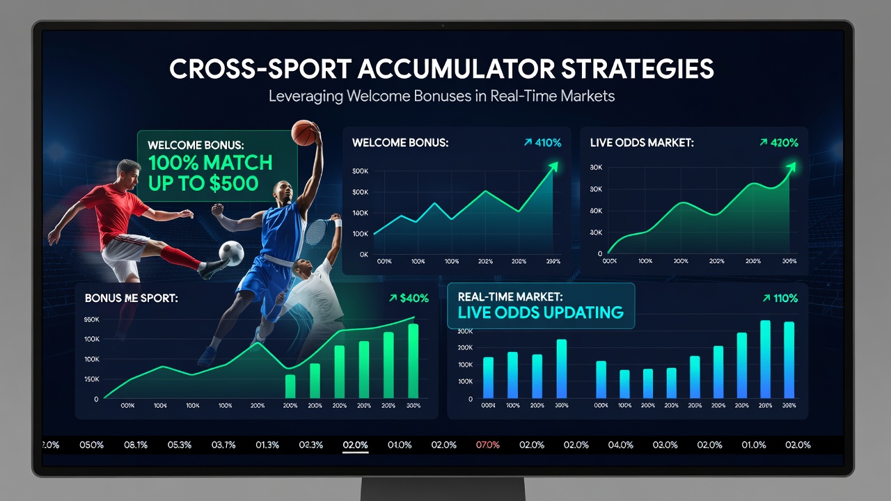 Illustration of cross-sport accumulator betting interface showing multiple live events