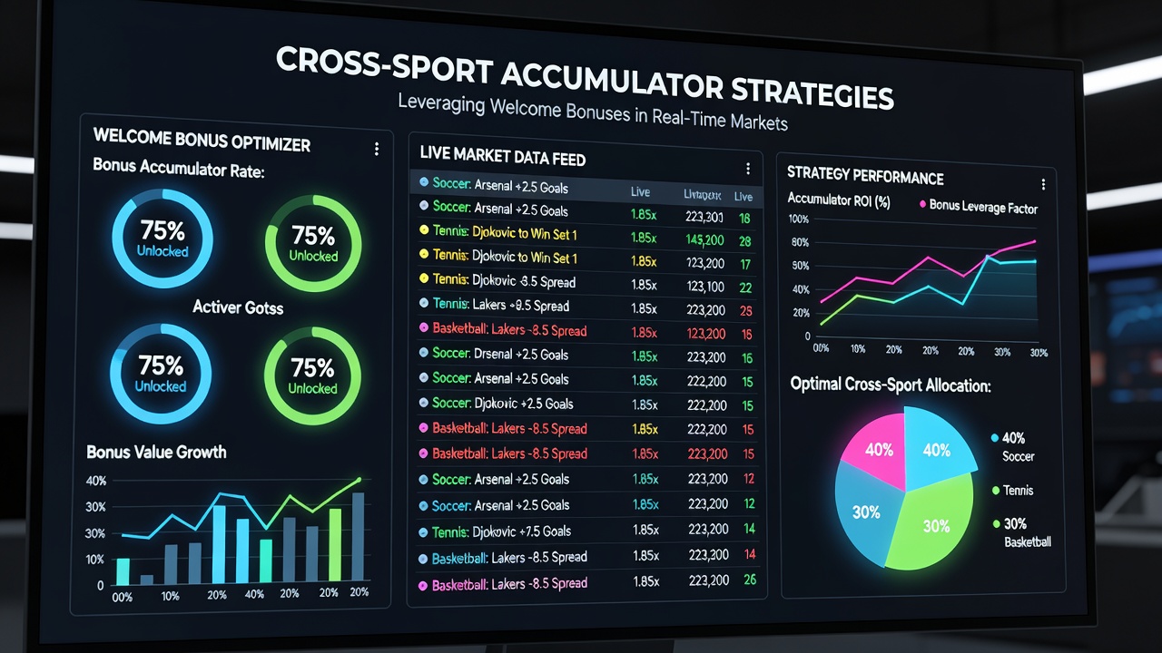 Live betting dashboard displaying accumulator builder with football, tennis and basketball selections