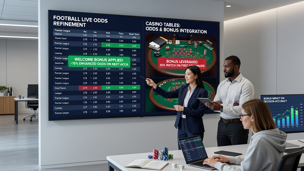 Visual representation of casino table layout with overlaid live odds indicators and bonus balance indicators