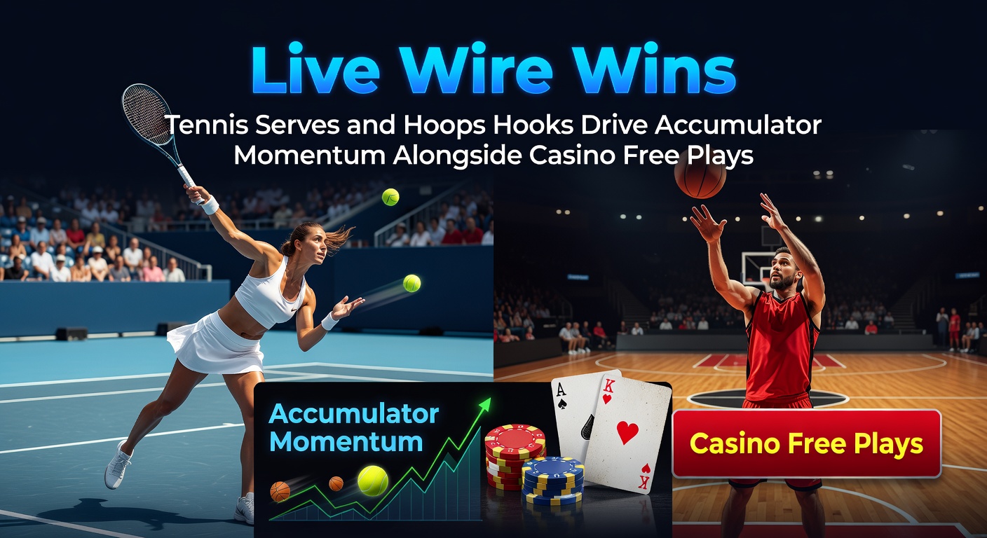 Dynamic action shot of a tennis player serving powerfully while a basketball hook shot arcs through the air in the background, symbolizing high-energy sports betting momentum