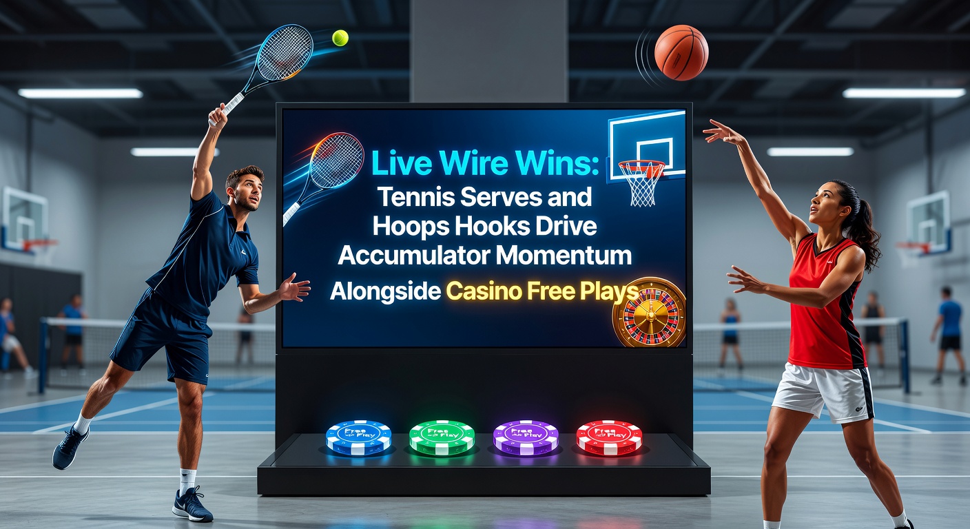 Split-image collage showing a basketball player executing a hook shot in an NBA arena next to a tennis ace serve captured in slow motion, with overlaid accumulator odds graphics and casino slot reels spinning
