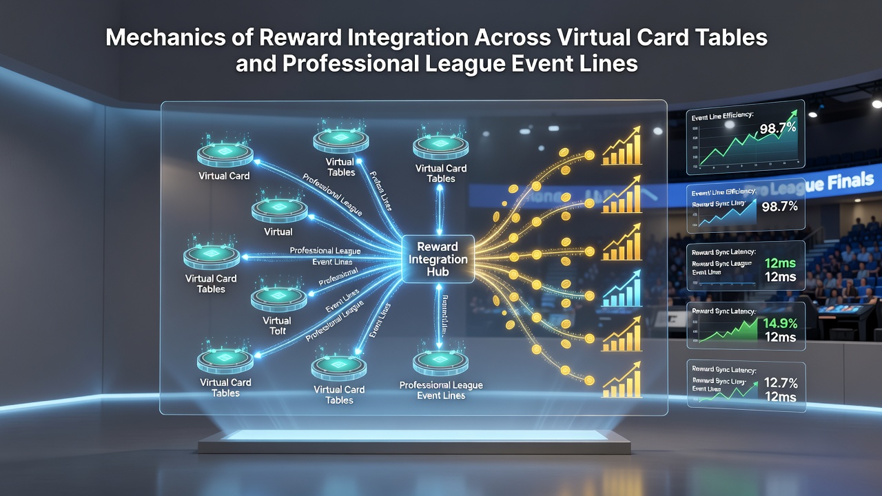 Diagram showing reward integration pathways between virtual card tables and professional league event lines