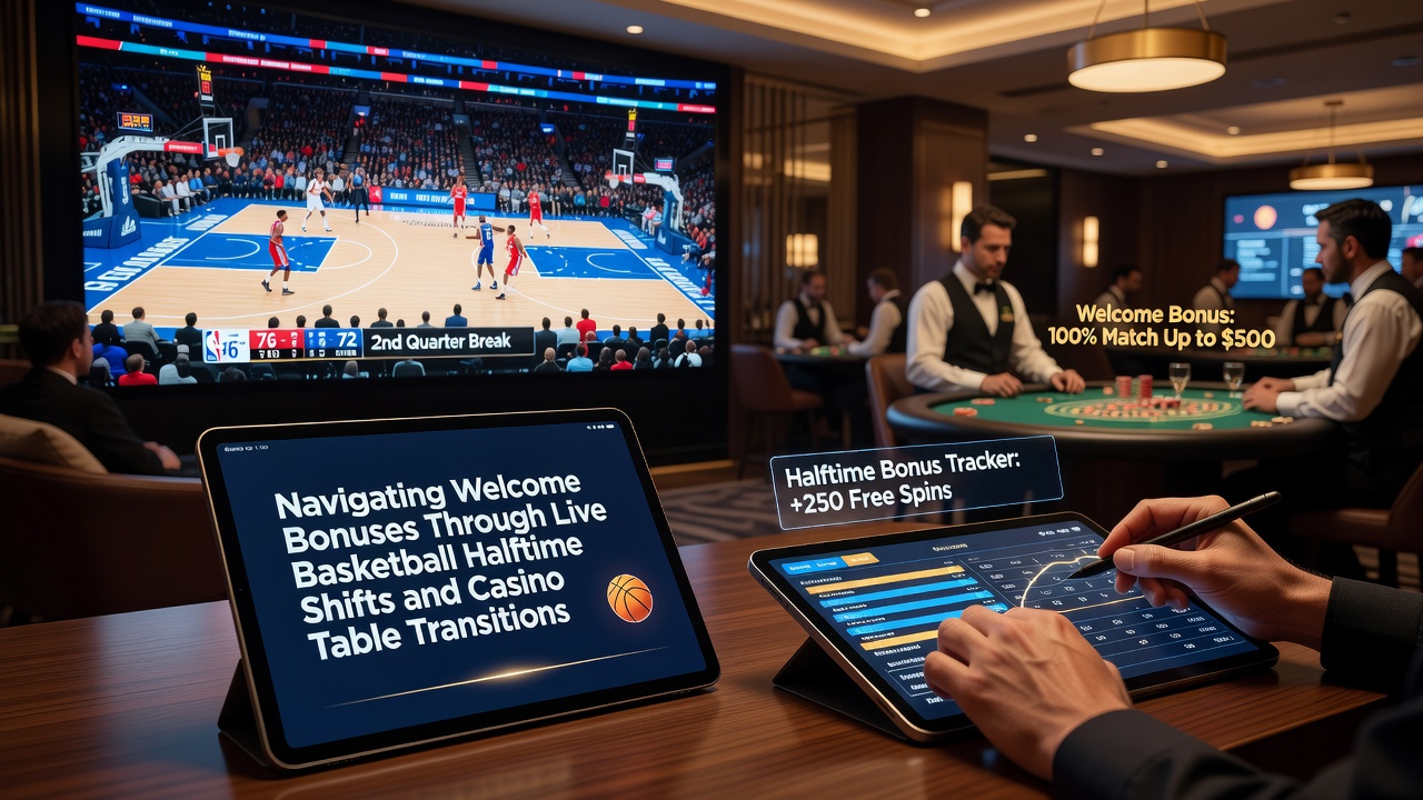 Casino table games including blackjack and roulette with welcome bonus terms displayed on digital overlay
