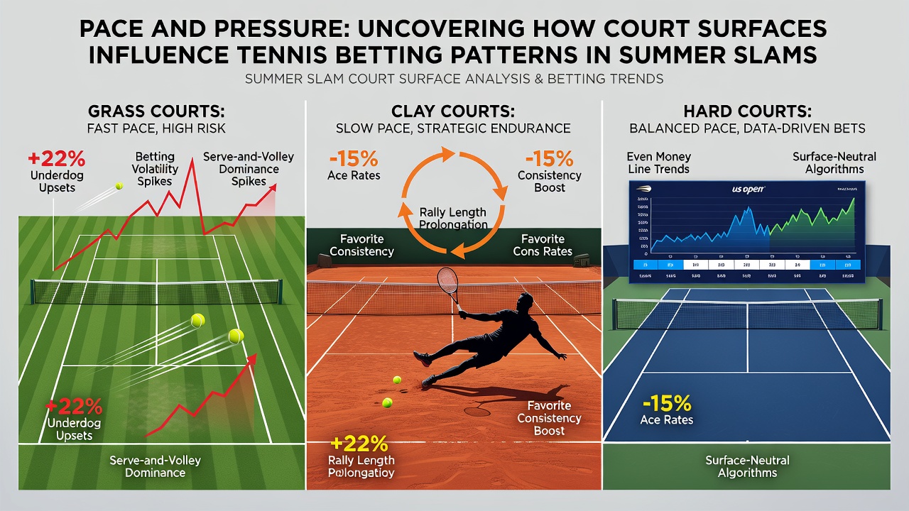 Tennis players competing on different court surfaces during summer slam events illustrating pace variations