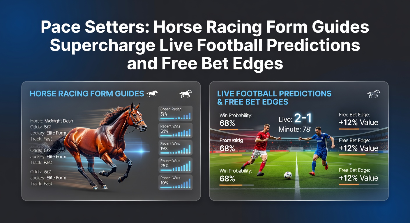 Dynamic split image of a pace-setting horse surging ahead and a football team pressing high in live action, illustrating strategic betting synergies