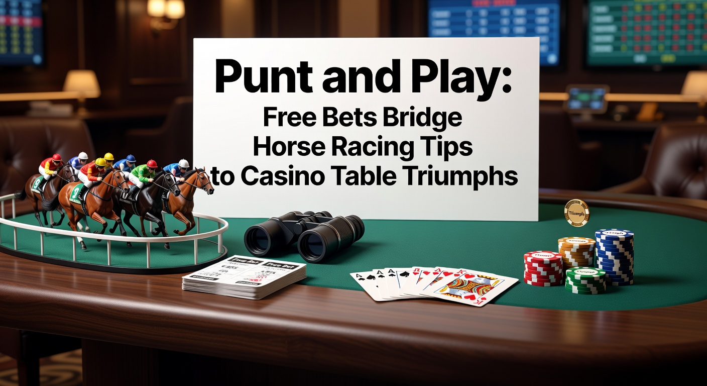 Vibrant scene of a horse race transitioning into a bustling casino table with chips and cards, symbolizing the punt-to-play journey