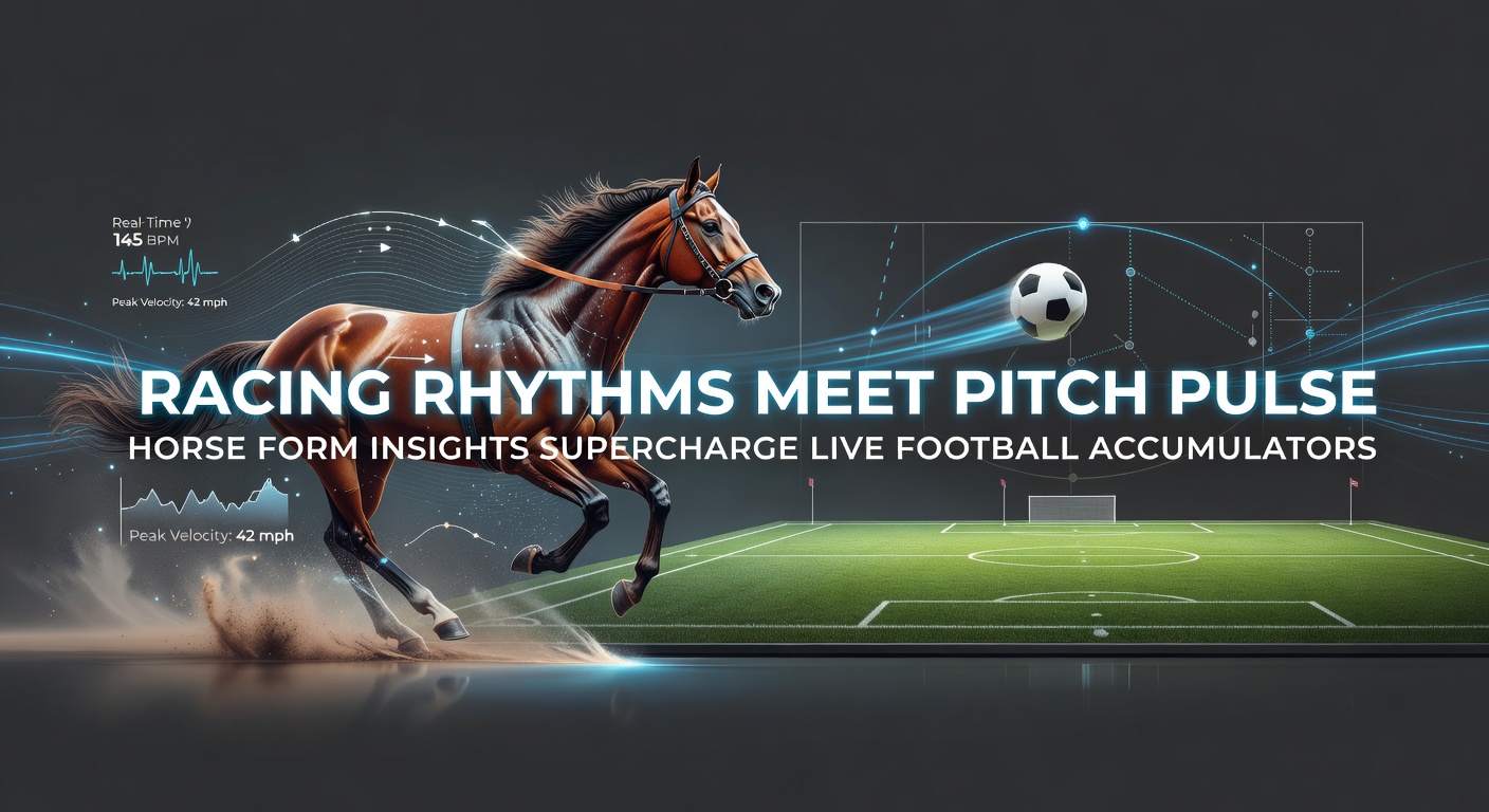 A dynamic split-image showing a horse racing past the finish line alongside a football player striking the ball toward goal, symbolizing the fusion of racing speed and soccer intensity
