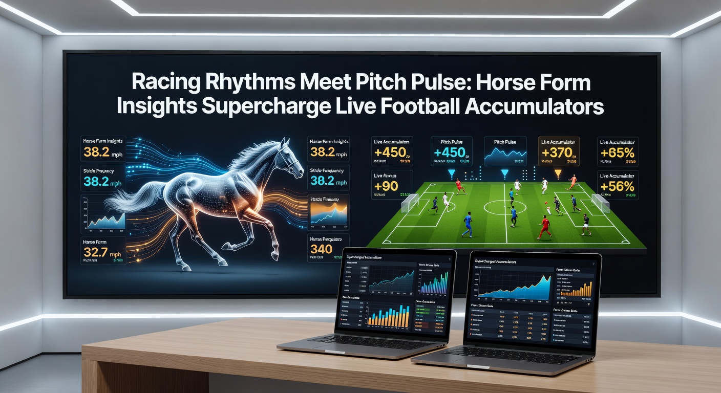 Close-up of a betting slip with horse racing results overlaid on a live football scoreboard, highlighting accumulator odds climbing in real-time