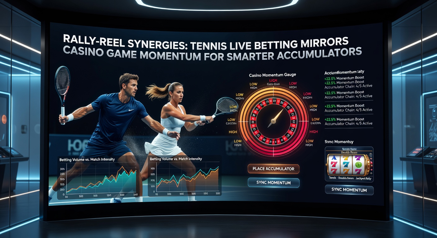 Tennis player mid-rally on clay court with casino slot reels overlay symbolizing betting momentum