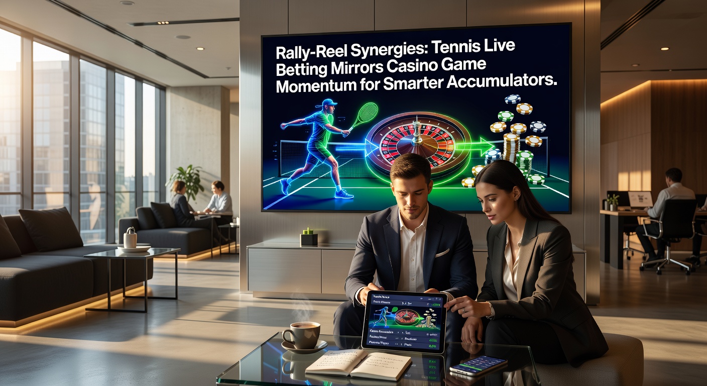 Casino slot machine showing winning reel spin sequence next to tennis scoreboard highlighting rally points