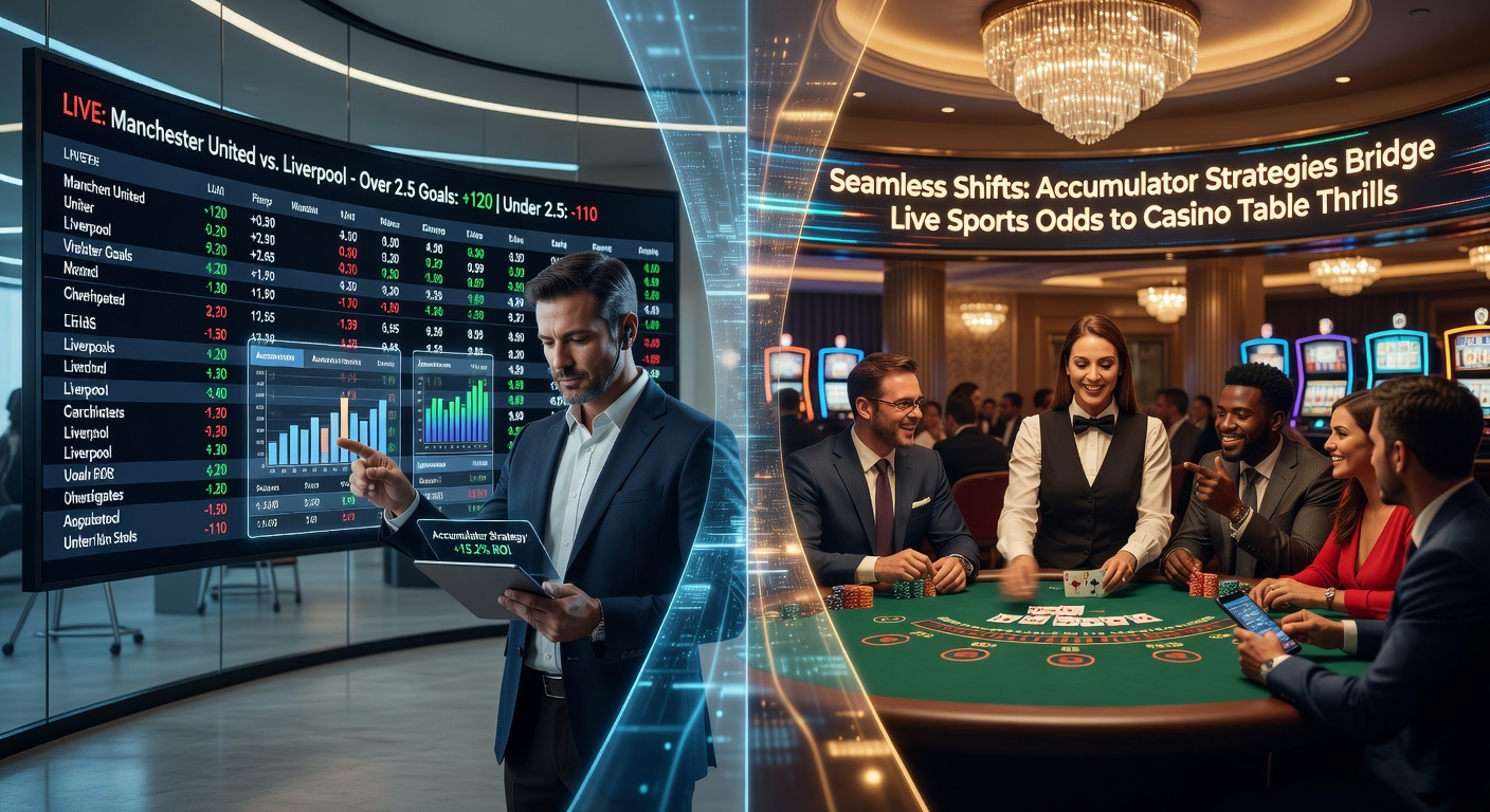Dynamic display of live sports betting screen transitioning to casino table games like blackjack and roulette, highlighting accumulator bet overlays
