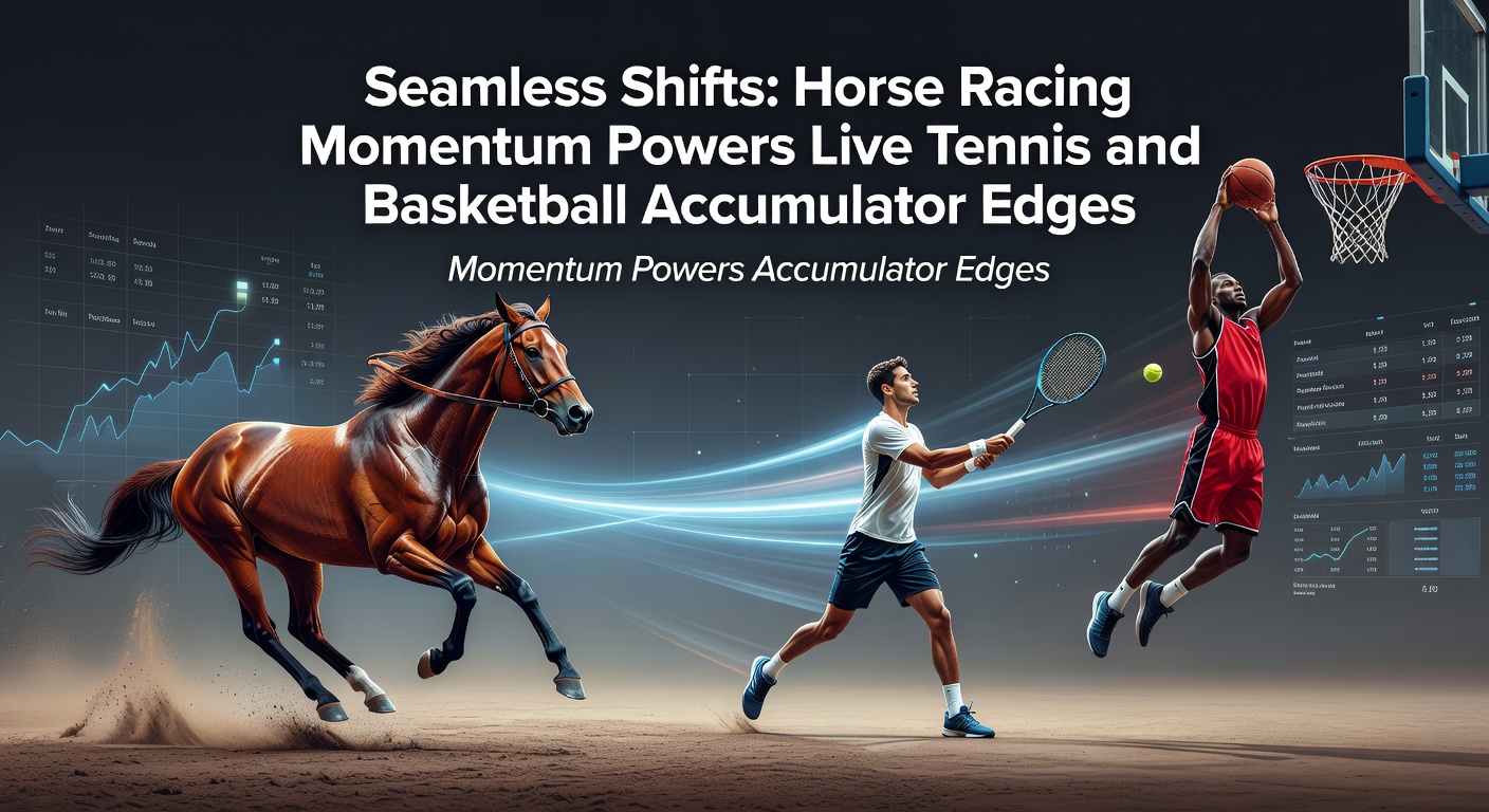 Horse racing action transitioning to live tennis rally and basketball fast break, illustrating momentum shifts in sports betting