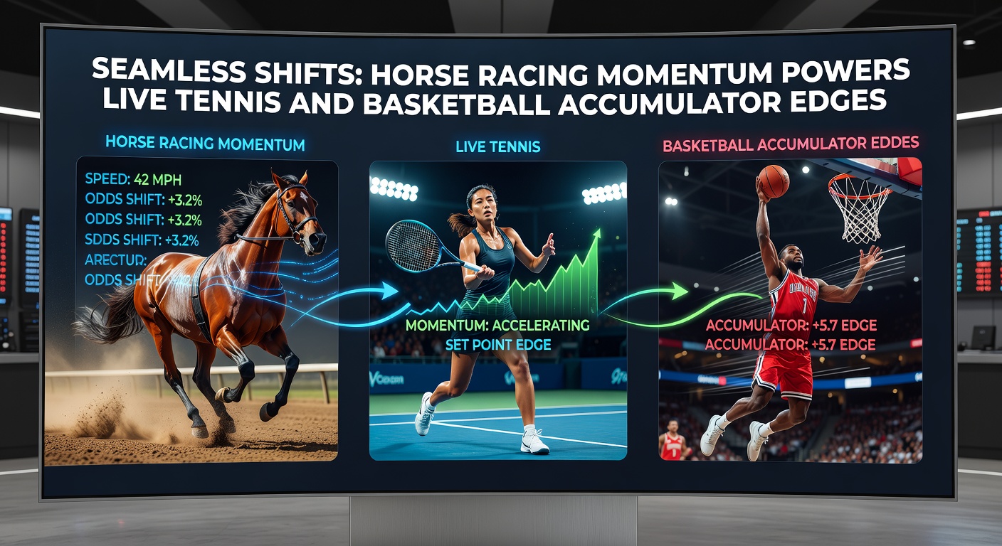 Dynamic split image of a horse closing fast, tennis player mid-rally, adn basketball team on a run, highlighting cross-sport betting momentum