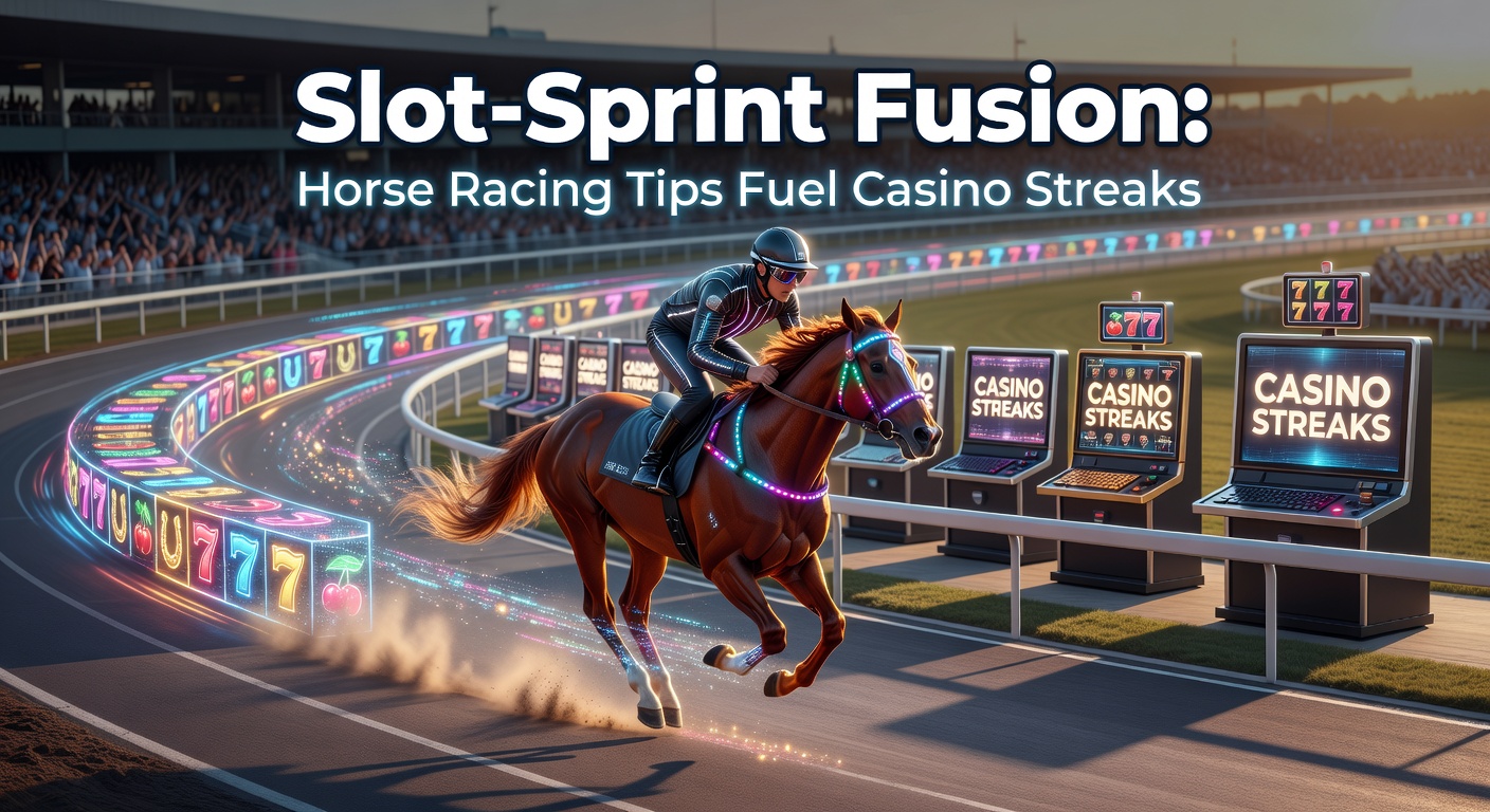 Vibrant scene of a horse sprinting on the track alongside glowing casino slot reels, symbolizing the fusion of racing tips and slot streaks