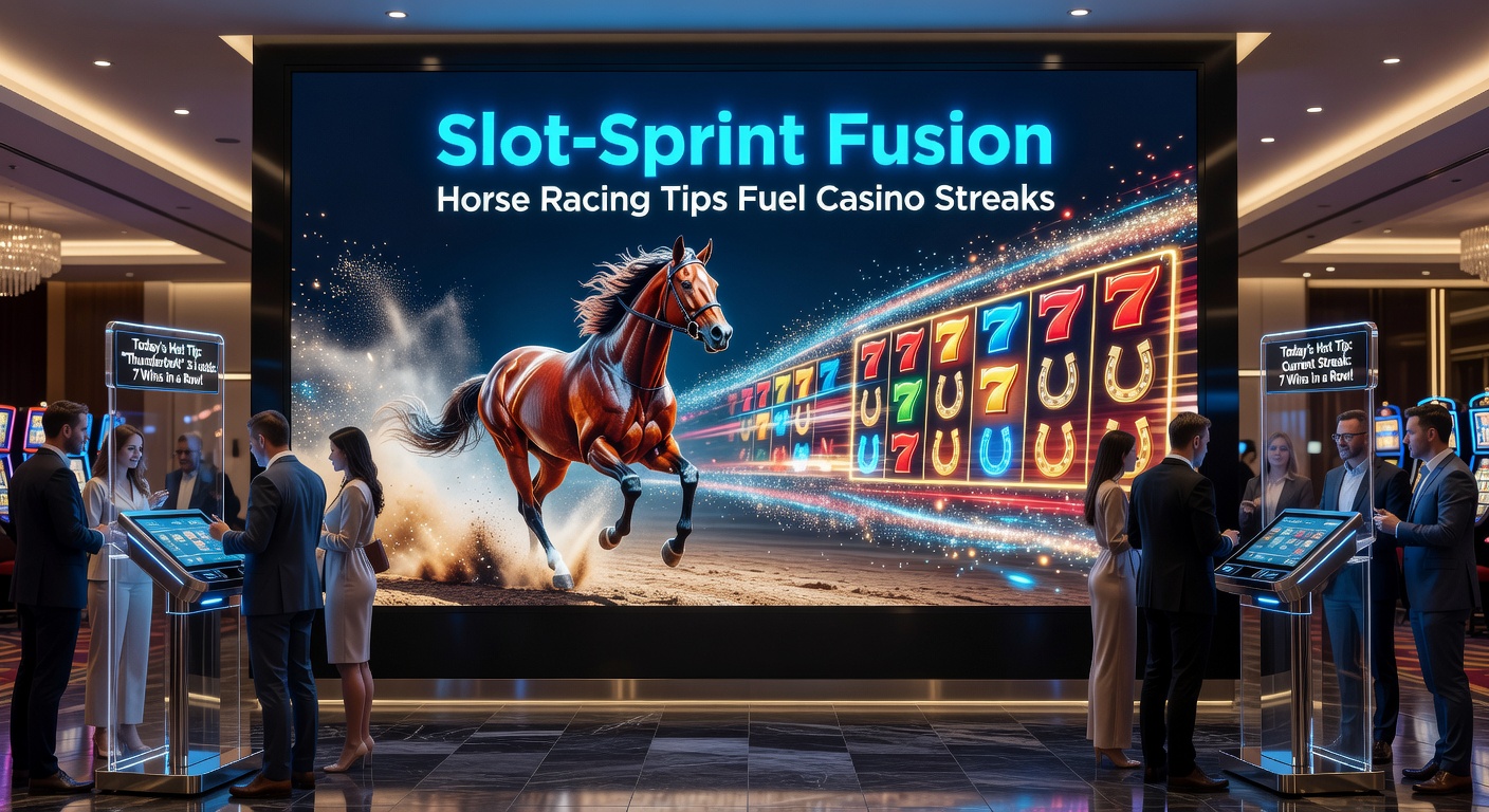 Dynamic split-image of a winning horse crossing the finish line and cascading slot symbols aligning for a jackpot, capturing the energy of fused betting wins