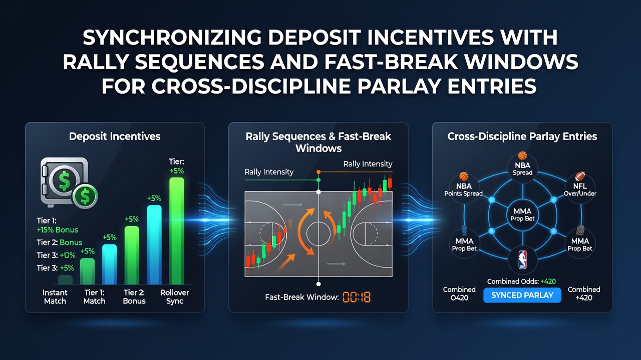 Visual representation of synchronized deposit timing with tennis rally sequences and basketball fast breaks for multi-sport parlay strategies