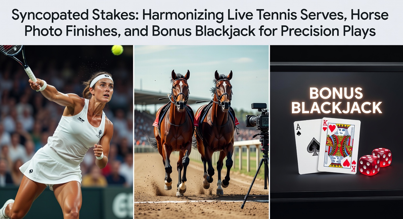 A dynamic split-image showing a tennis serve in action, a close horse race photo finish, adn a blackjack table with bonus chips stacked high