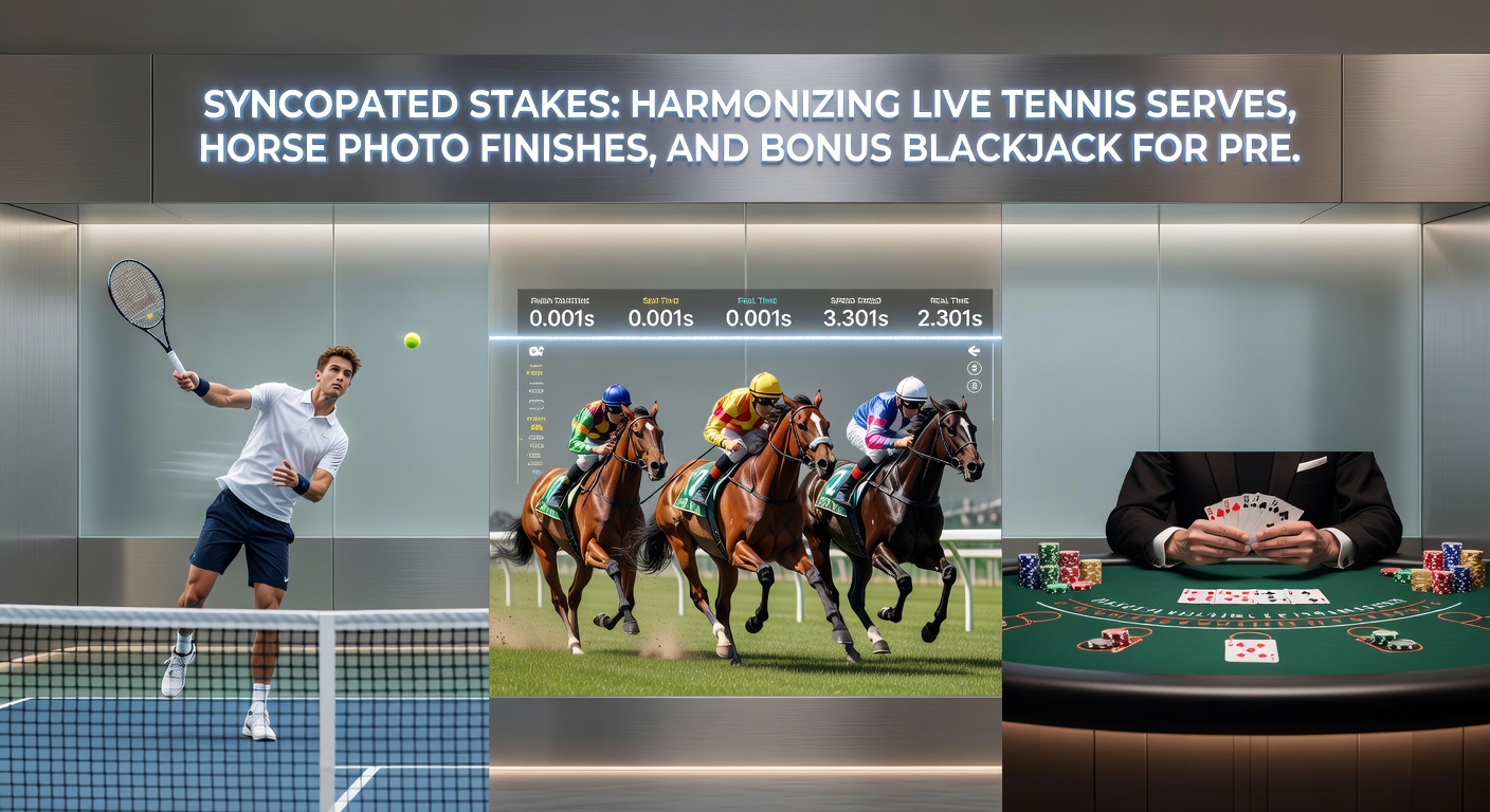 High-speed photo of horses crossing the finish line in a dead heat, overlaid with tennis racket strings and blackjack cards for thematic sync