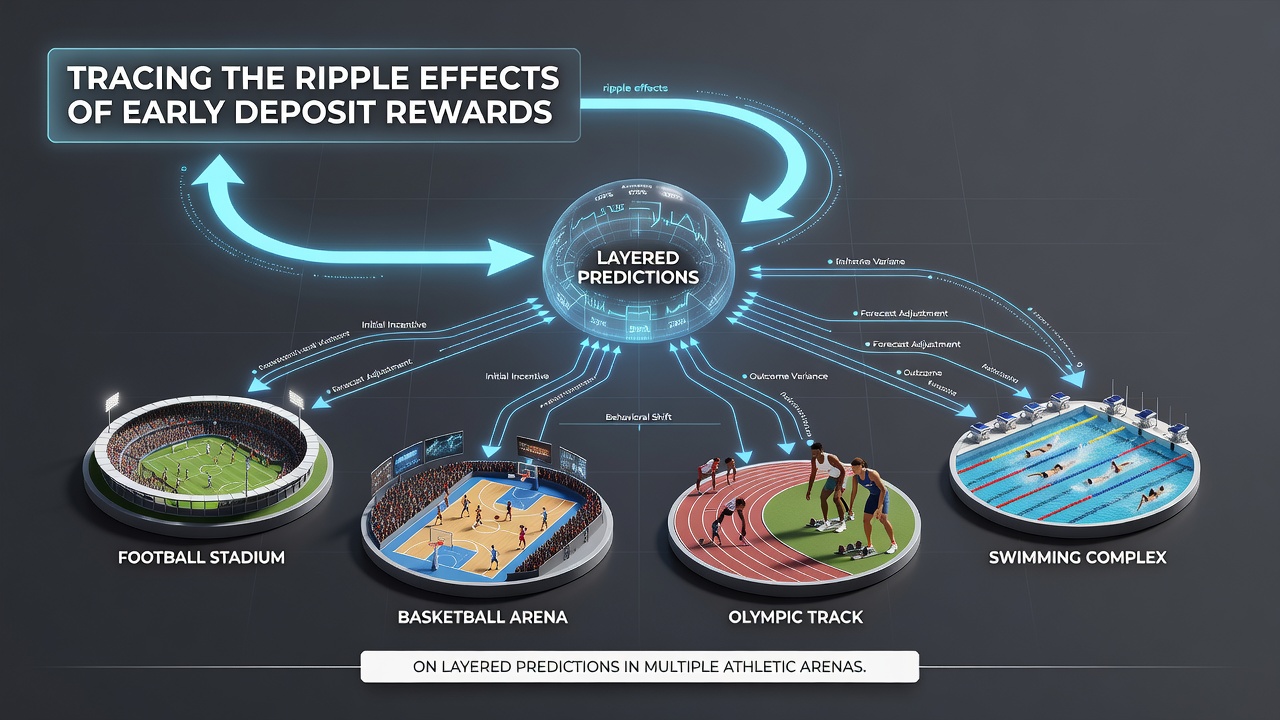 Illustration showing deposit reward flows into layered betting predictions across football, tennis, horse racing and basketball arenas