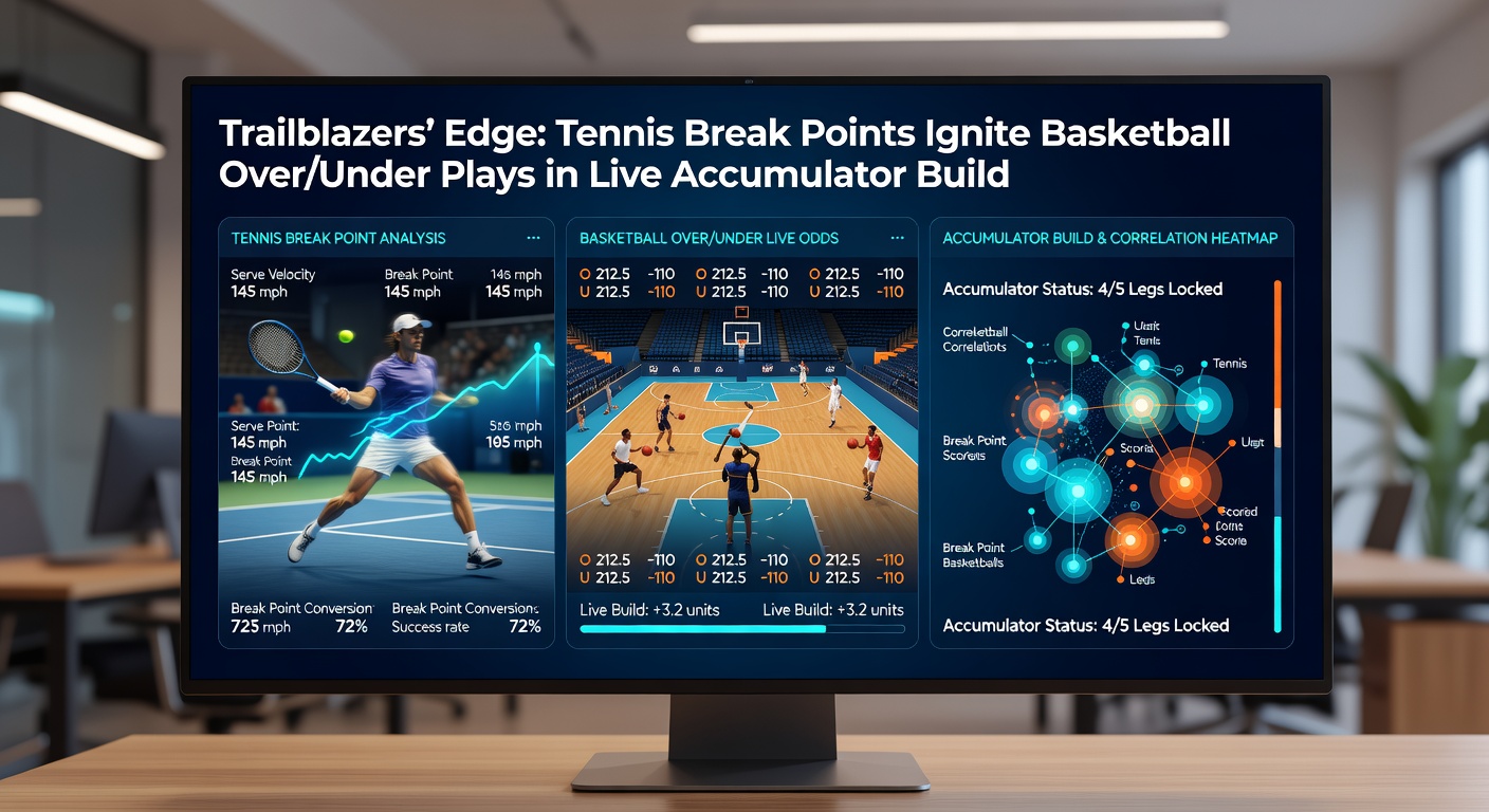 Live betting screen split between a tense tennis break point and NBA over/under odds ticking up, illustrating accumulator synergy