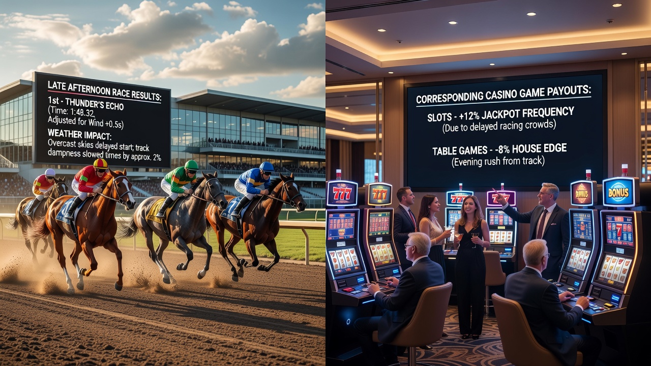 Casino floor with players at table games during peak evening hours following racing events