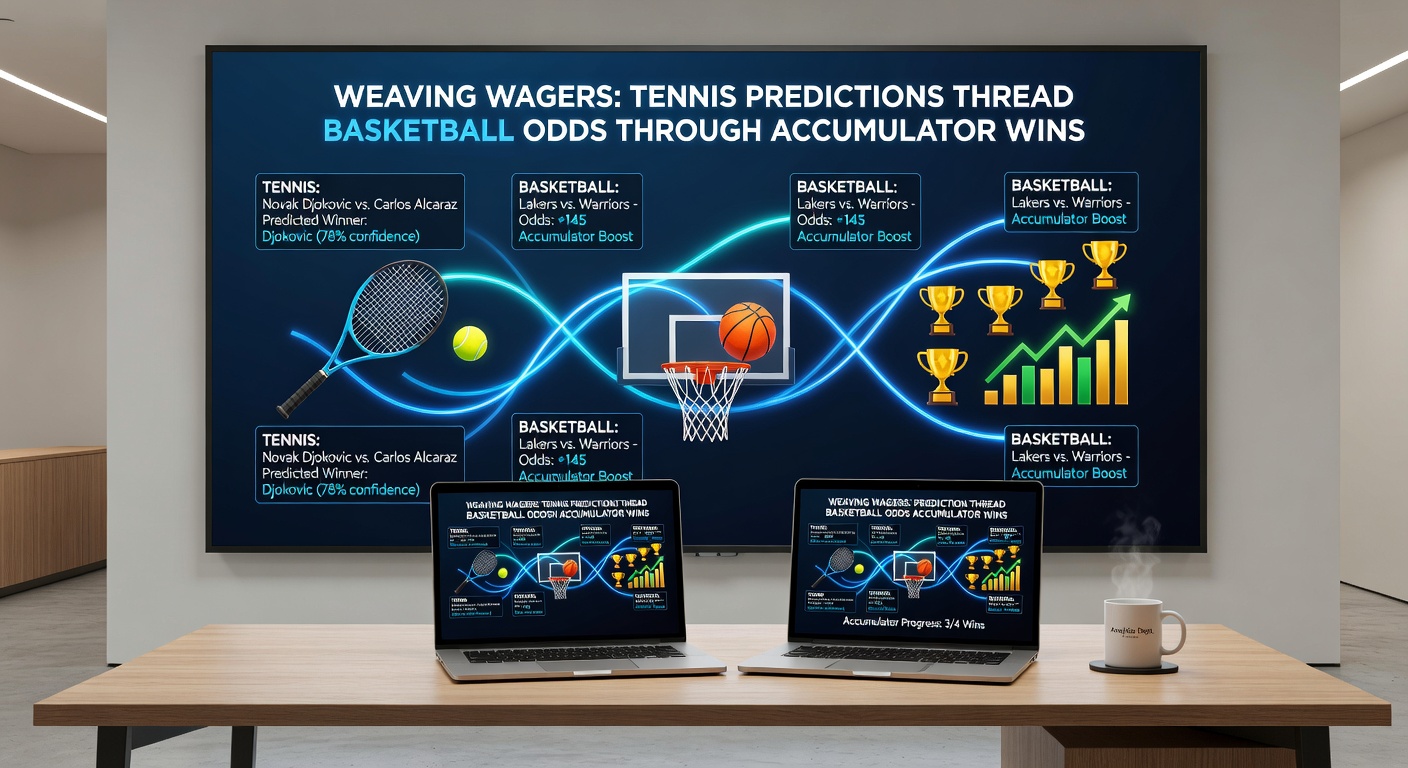 Chart overlay of tennis match stats merging with basketball betting lines, illustrating accumulator construction