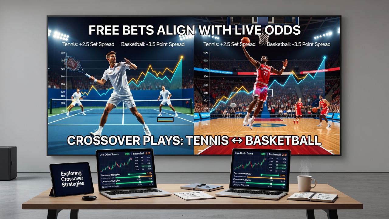 Split screen showing live tennis odds on one side and basketball game statistics on the other with free bet indicators